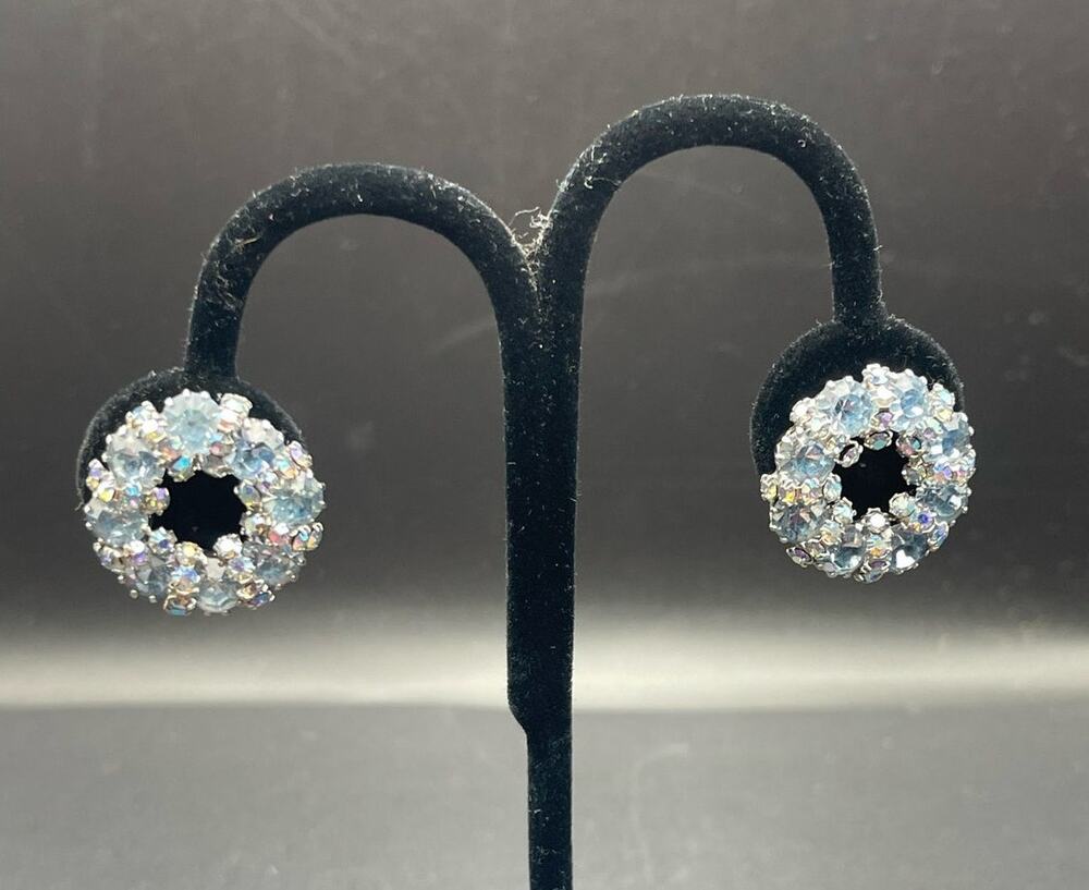 Vintage Signed WEISS Light Blue & Aurora Borealis Clip On Earrings Silver Tone